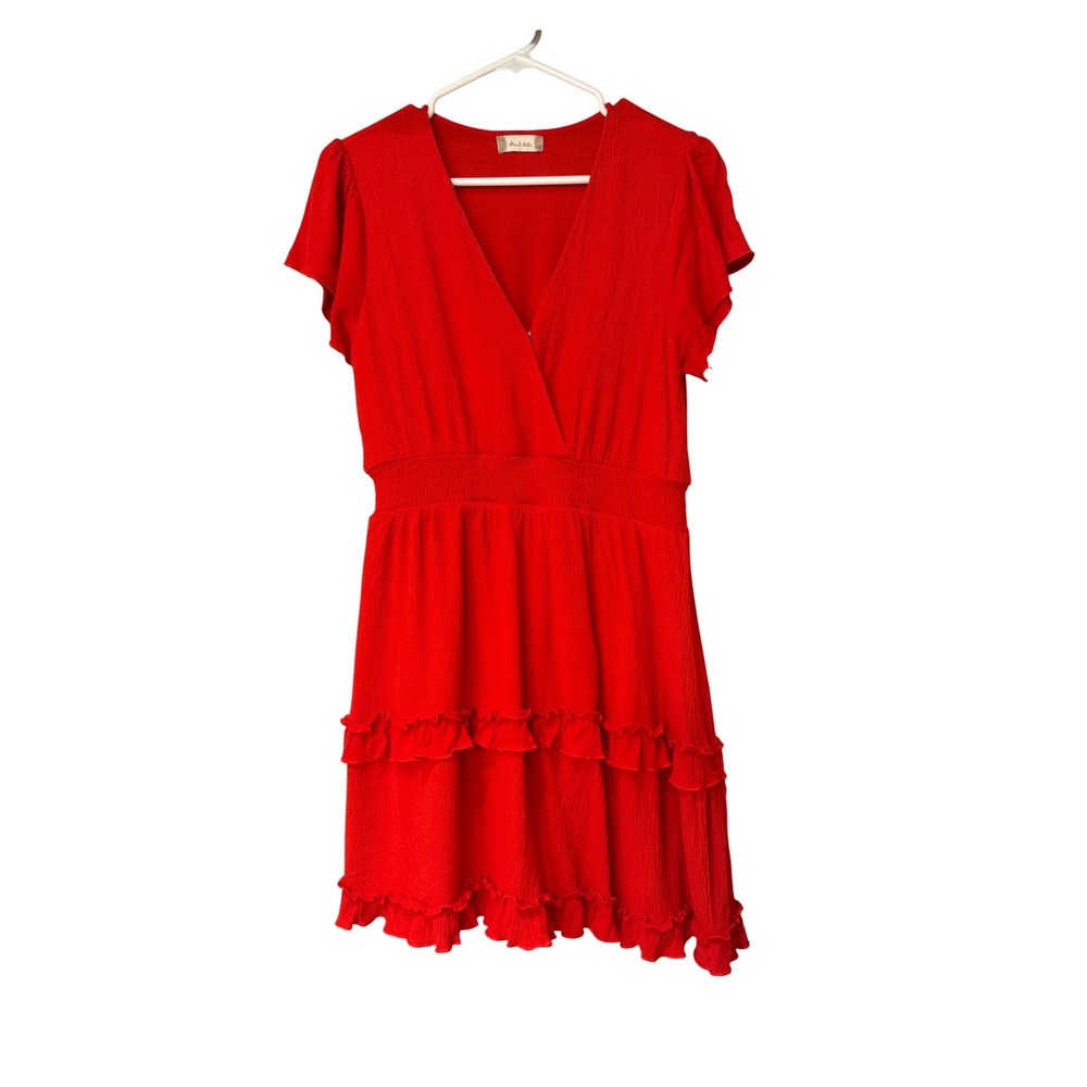Altar'd State Red V Neck Ruffle Tiered Smocked Waist Dress Juniors Size L